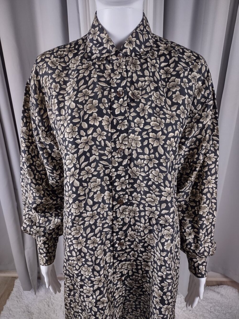 Vintage Express 100% Silk Floral Mini Shirt Dress Tunic Blouse Brown Size Small - Picture 2 of 12